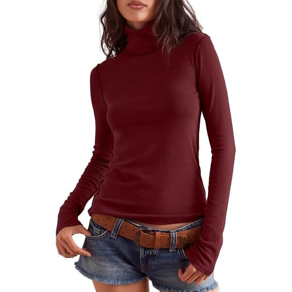Tops - Women's Undershirts All Red Long Shirt Sleeve Ribbed Fit Slim Top Tees